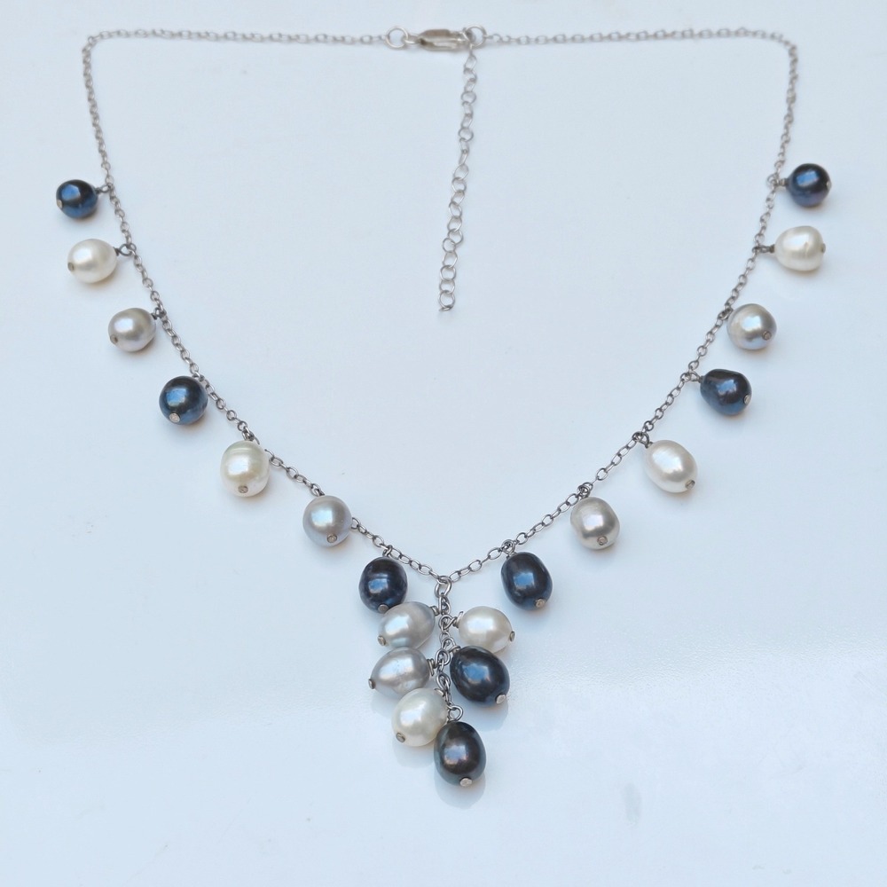 JCPenney FAS Sterling Silver Pearl Cluster Necklace Black Gray 925 Thailand